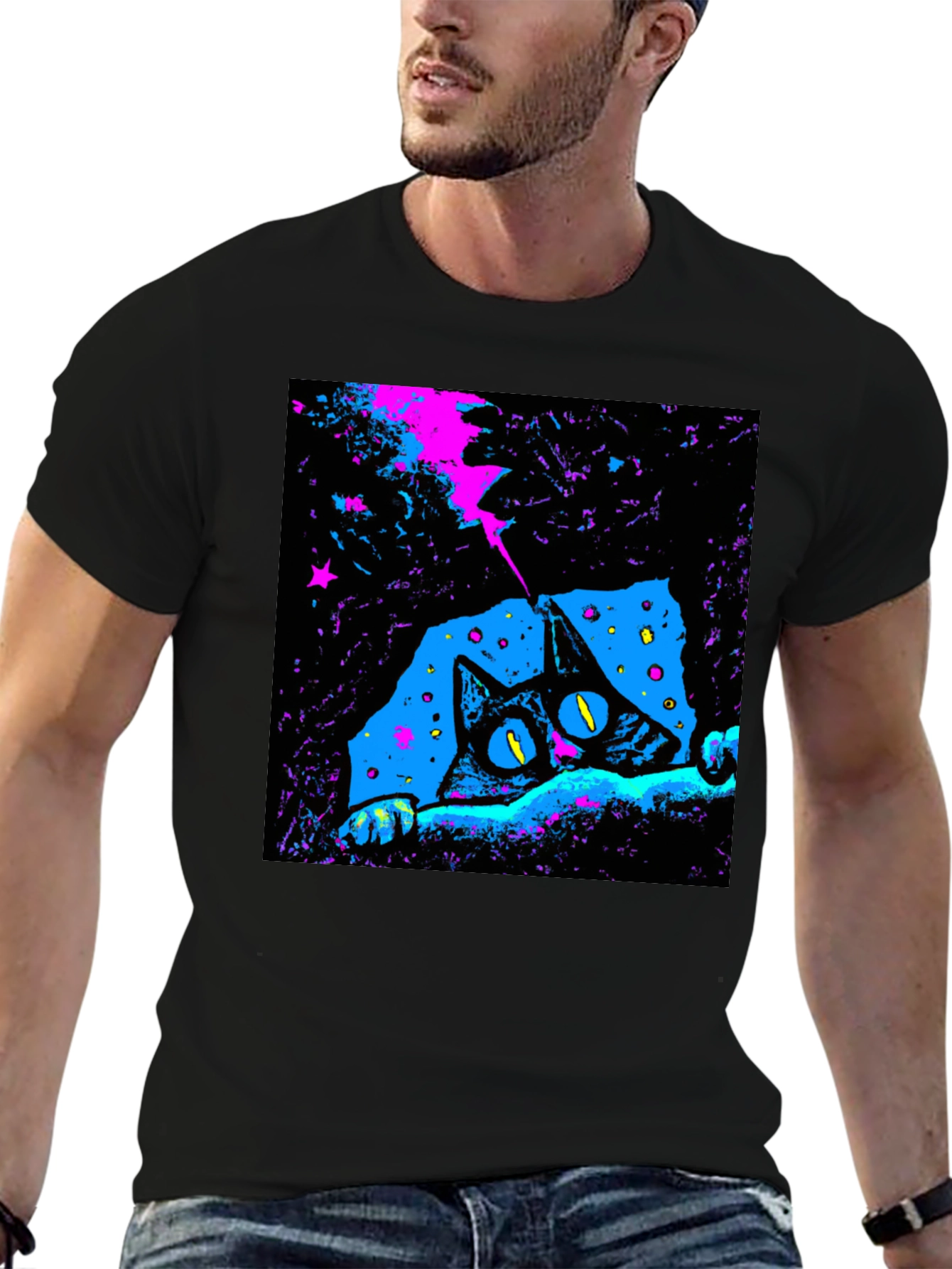 Cosmic Cat Graphic Tee - Mens Black T-Shirt