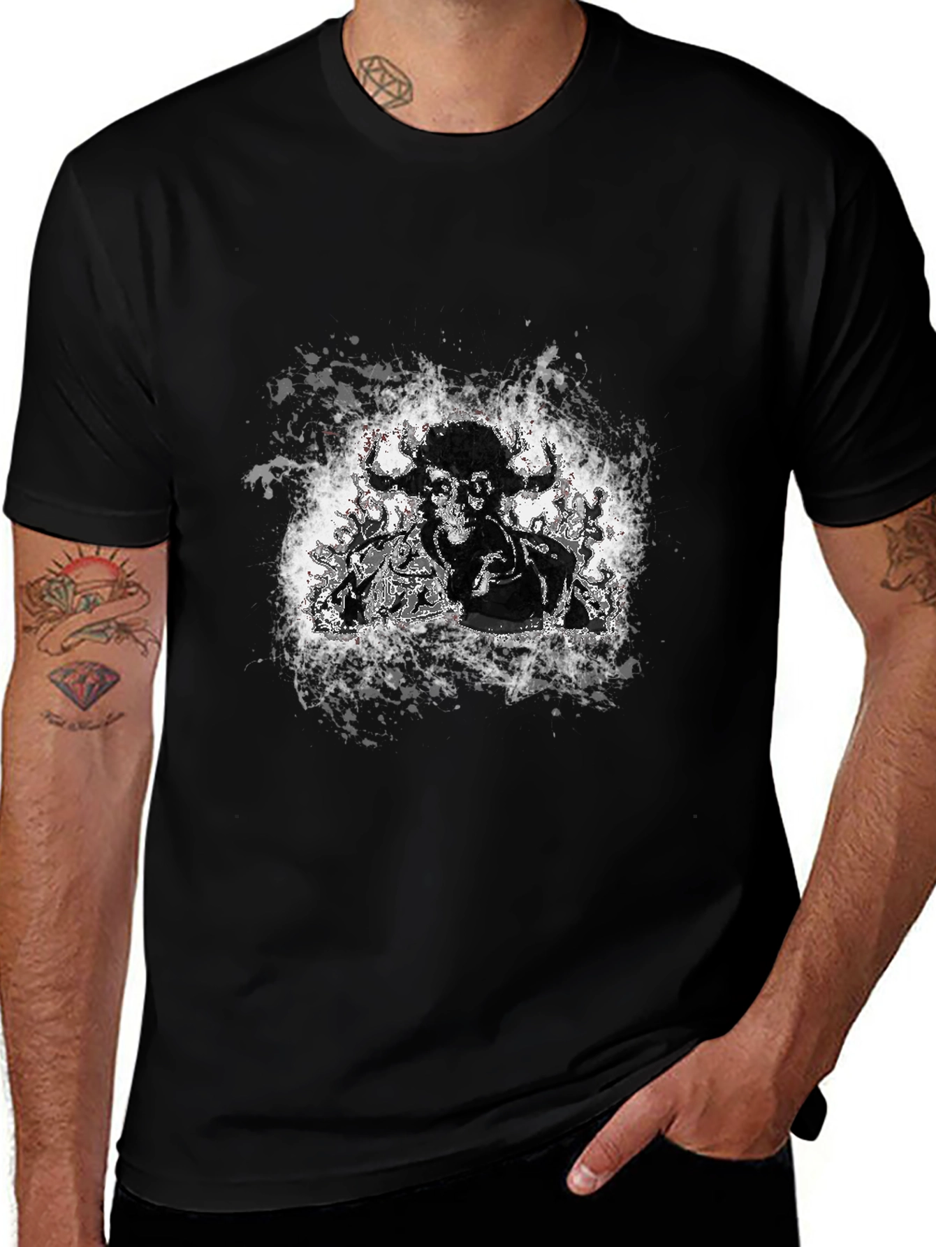 Black Graphic Tee - Bull Skull Design