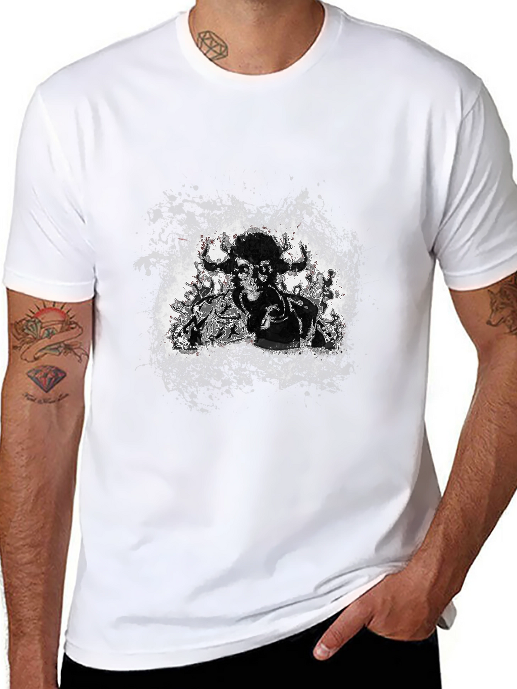 Black Graphic Tee - Bull Skull Design