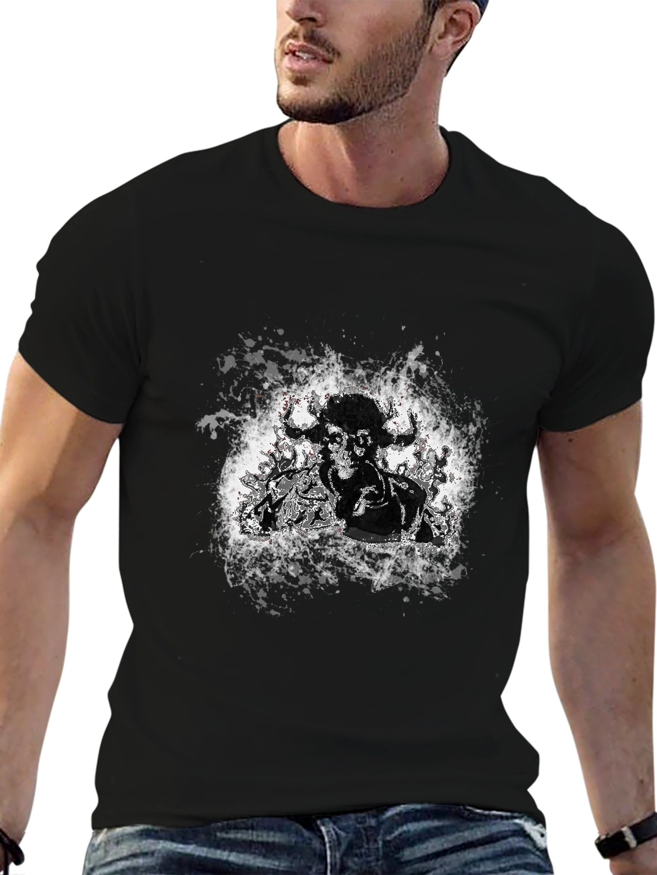 Black Graphic Tee - Bull Skull Design