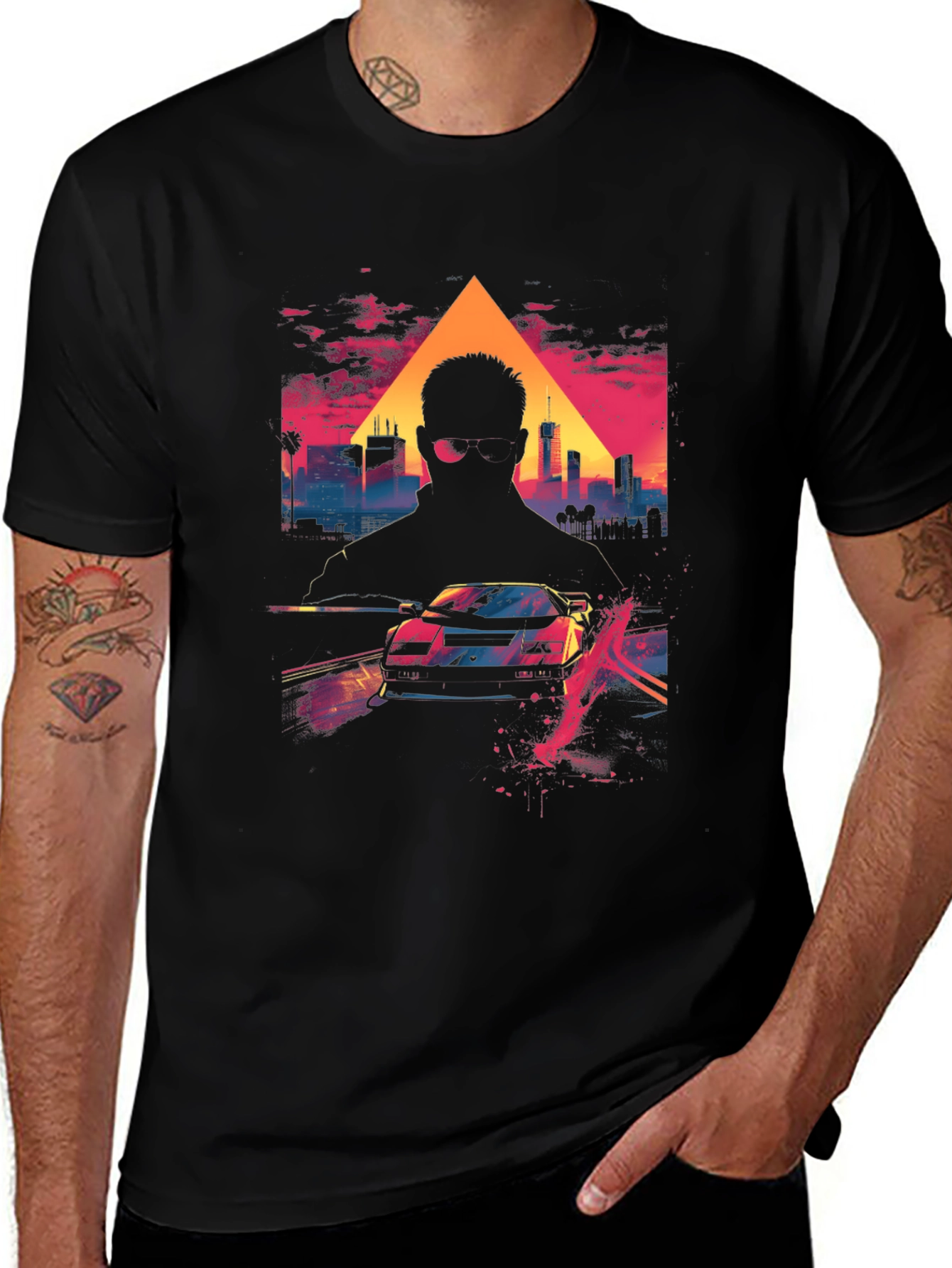 Retro Wave Cityscape Car Graphic Tee - Black