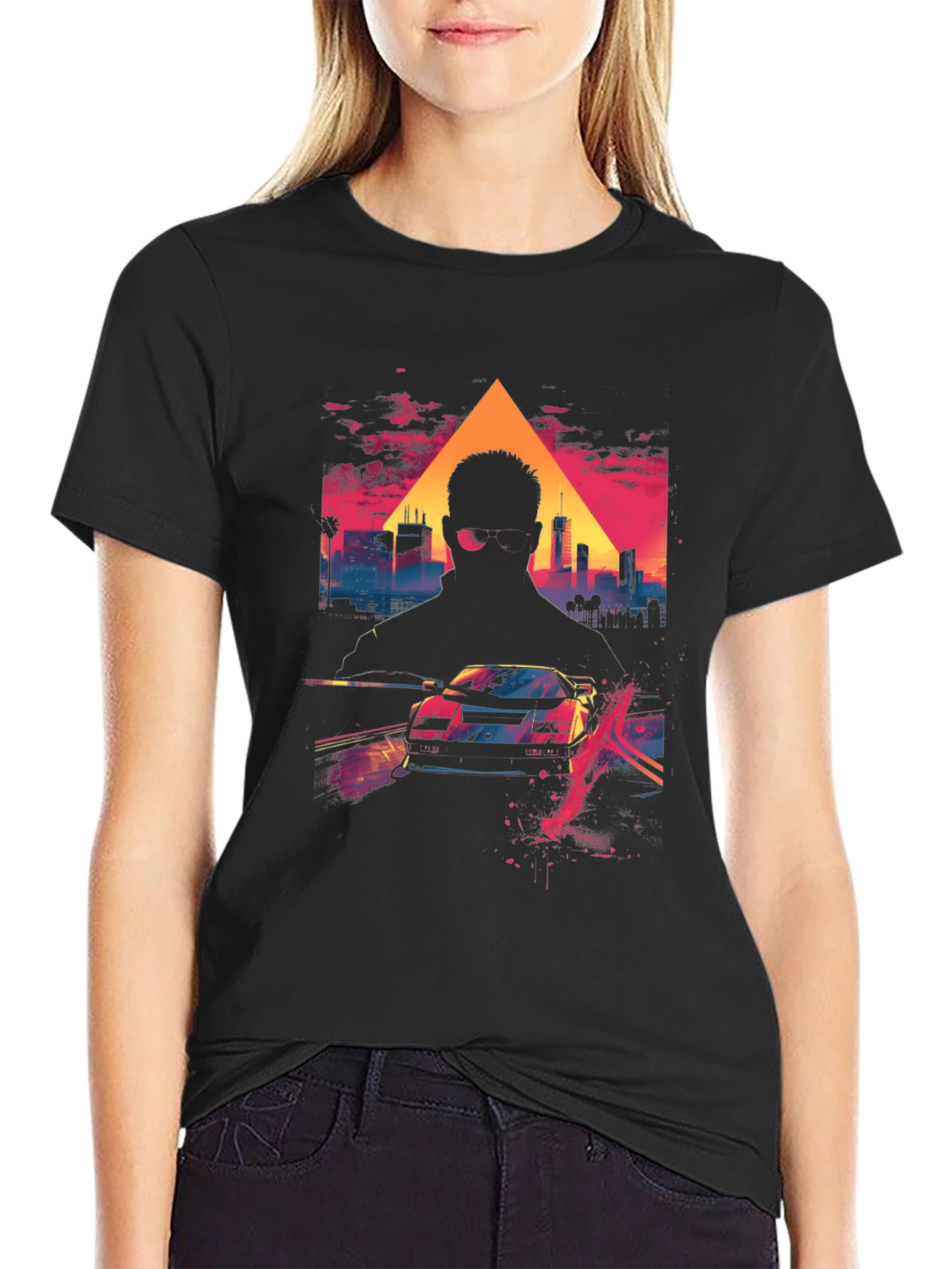 Retro Wave Cityscape Car Graphic Tee - Black