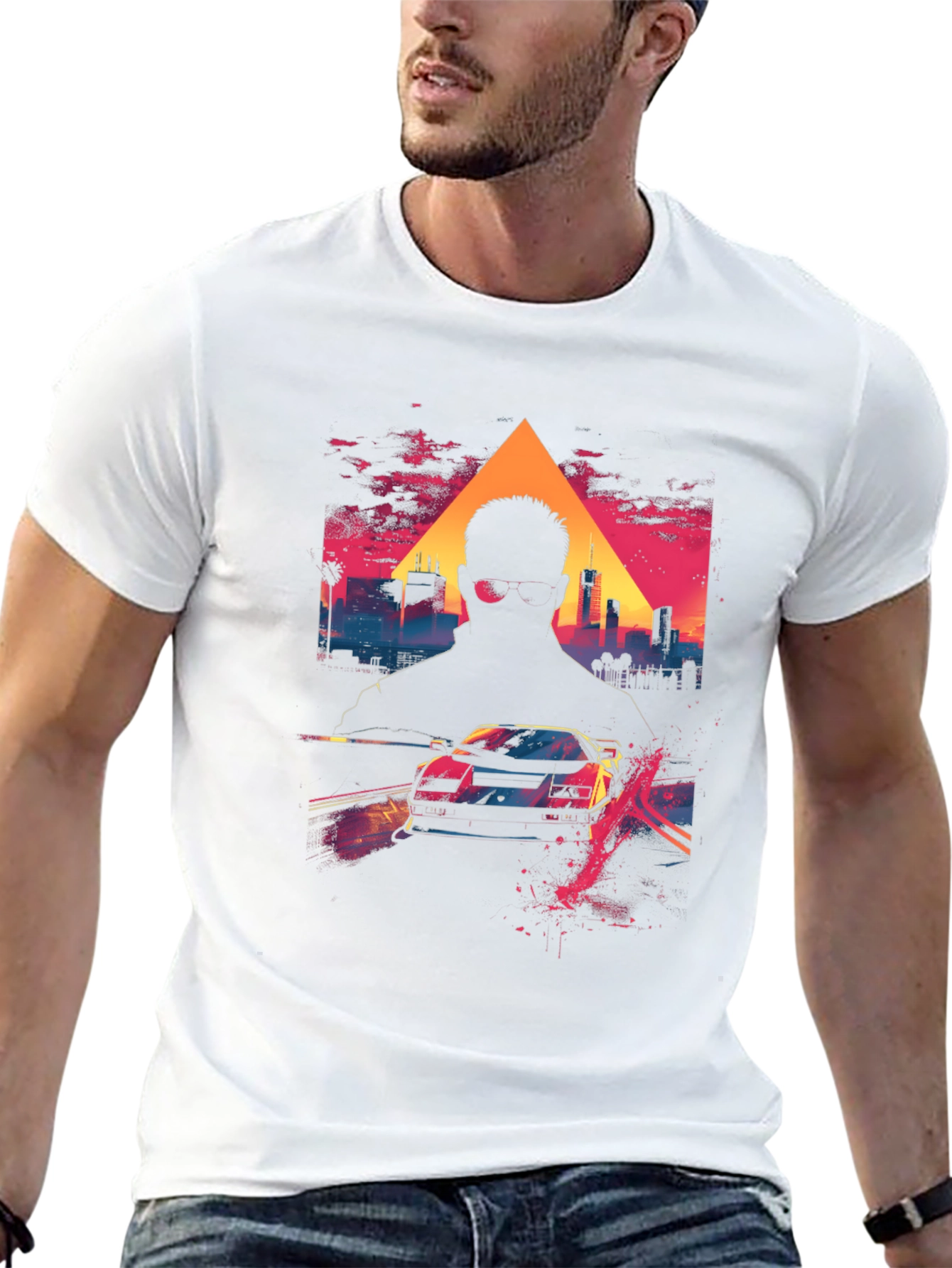 Retro Wave Cityscape Car Graphic Tee - Black