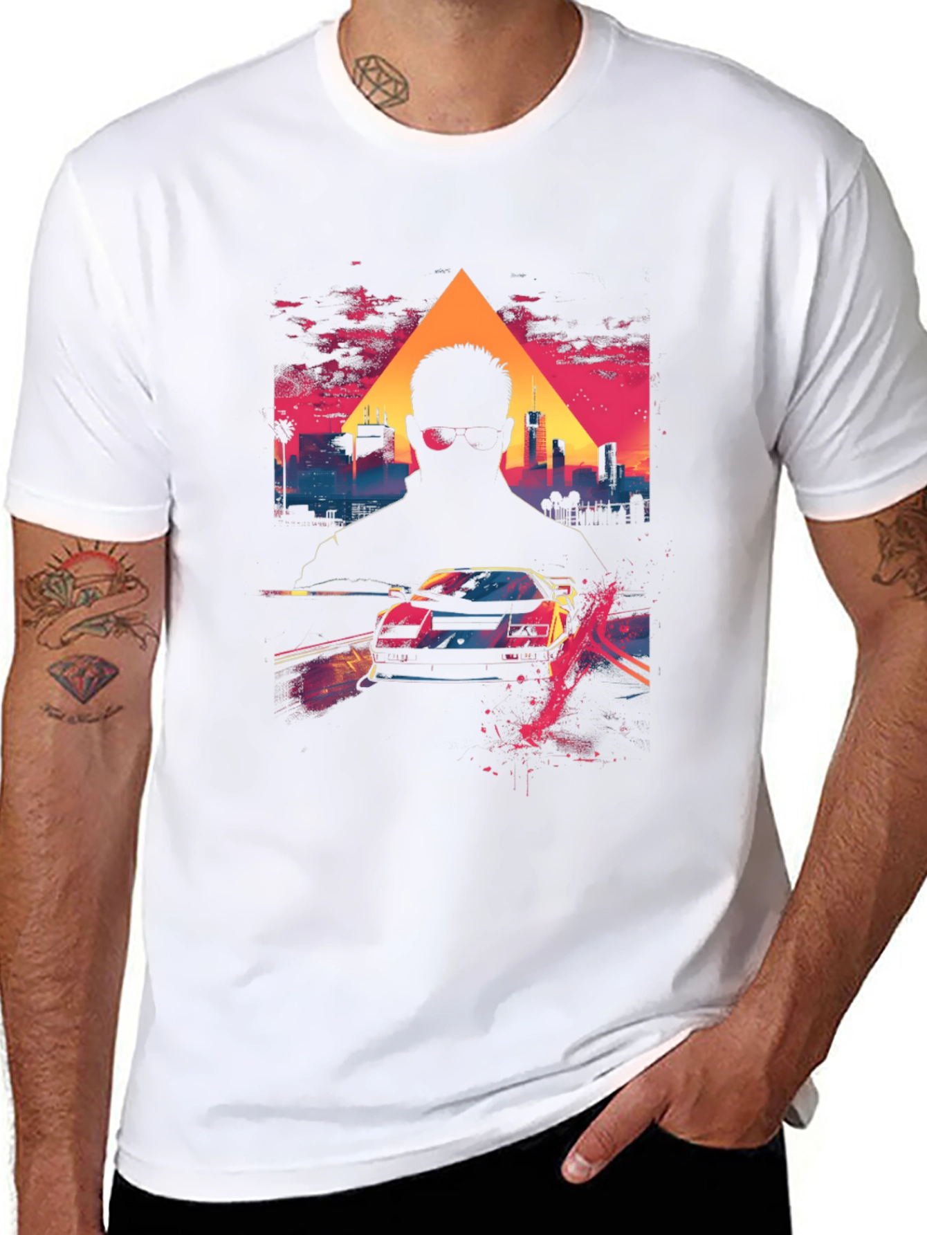 Retro Wave Cityscape Car Graphic Tee - Black