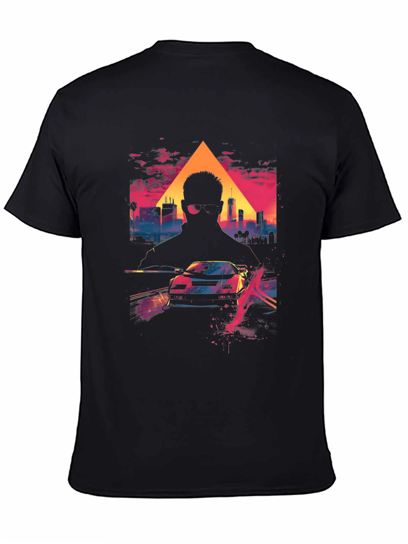 Retro Wave Cityscape Car Graphic Tee - Black