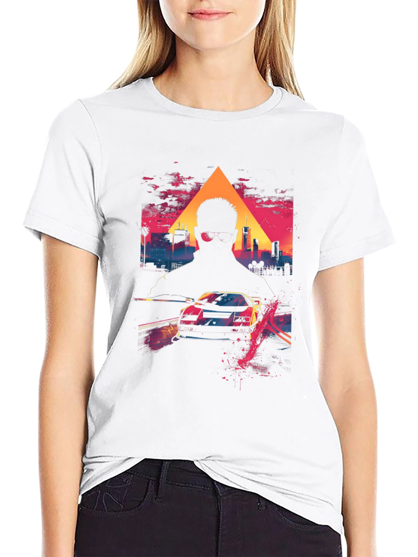 Retro Wave Cityscape Car Graphic Tee - Black