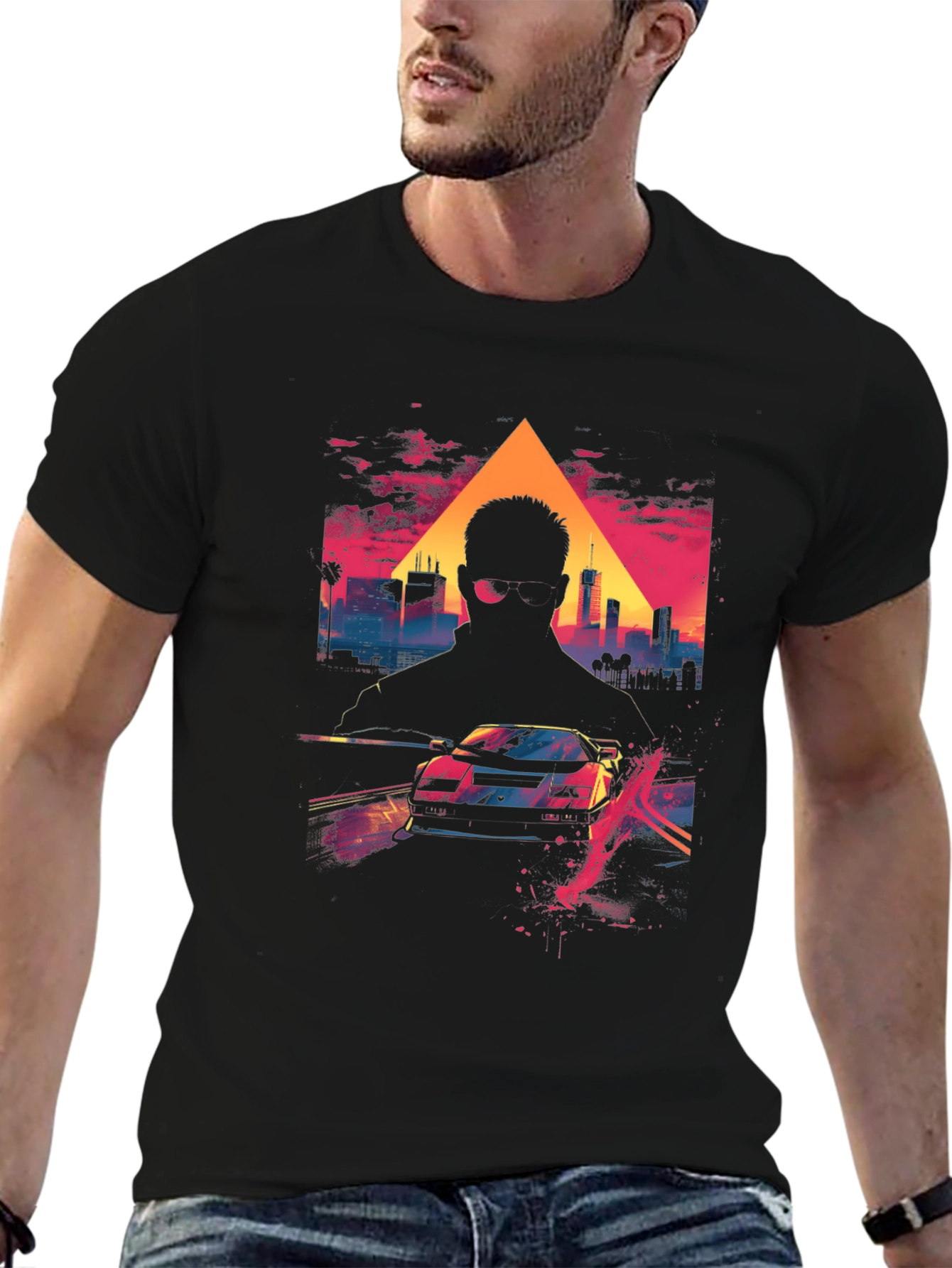 Retro Wave Cityscape Car Graphic Tee - Black
