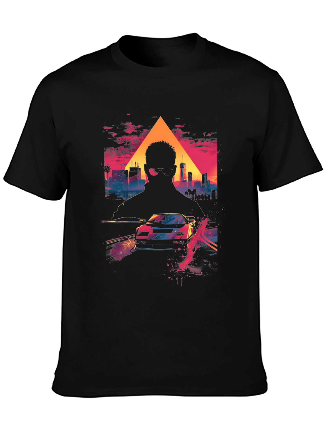 Retro Wave Cityscape Car Graphic Tee - Black