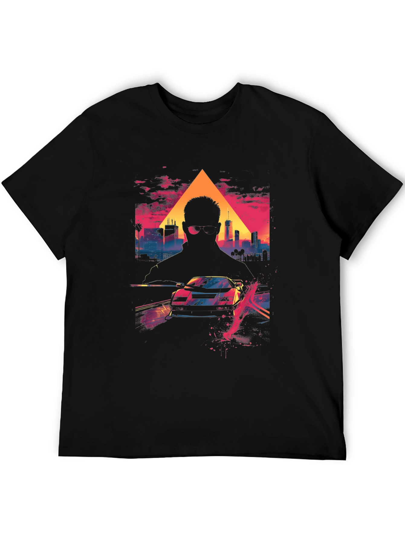 Retro Wave Cityscape Car Graphic Tee - Black