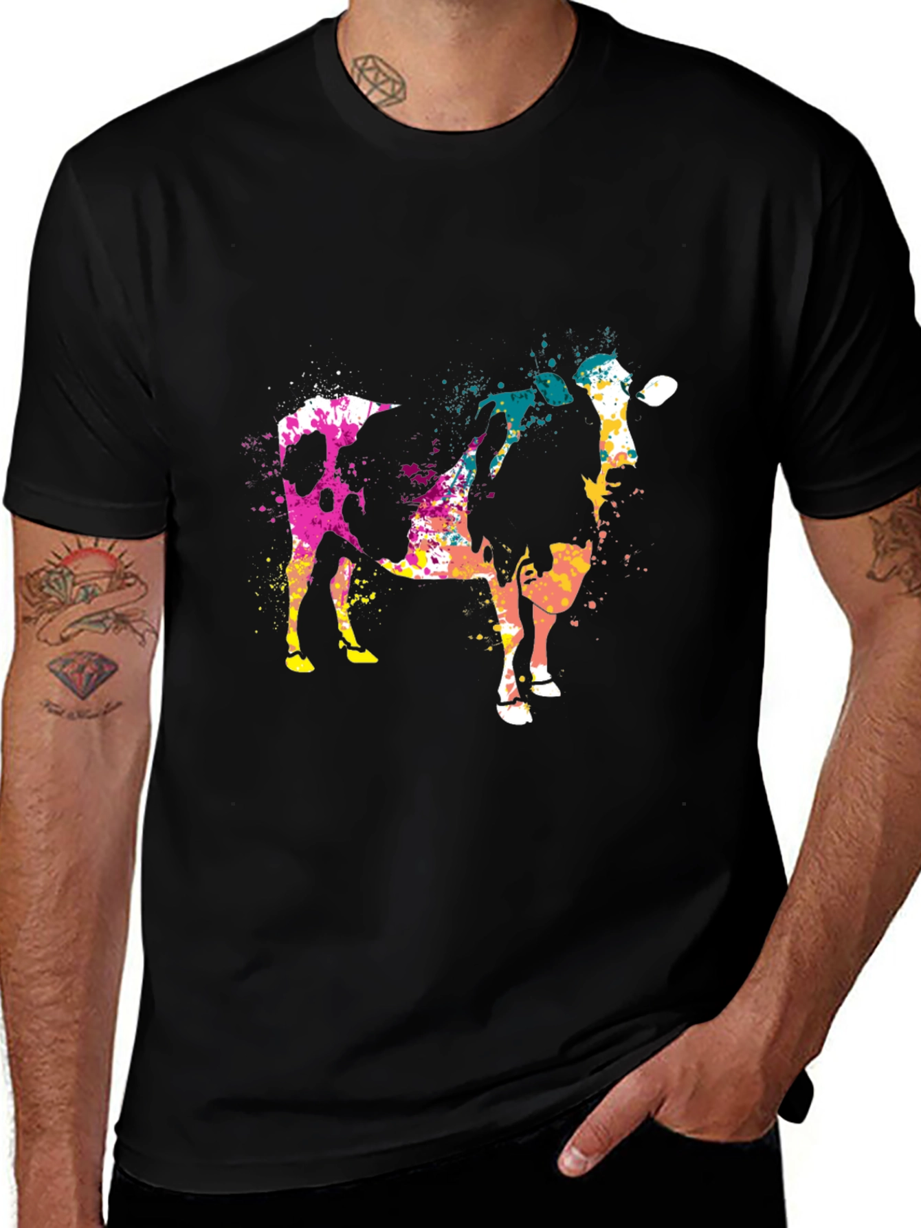 Abstract Cow Print Black Cotton T-Shirt