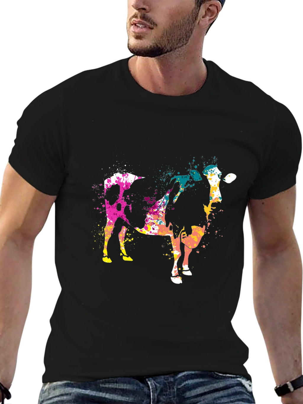 Abstract Cow Print Black Cotton T-Shirt