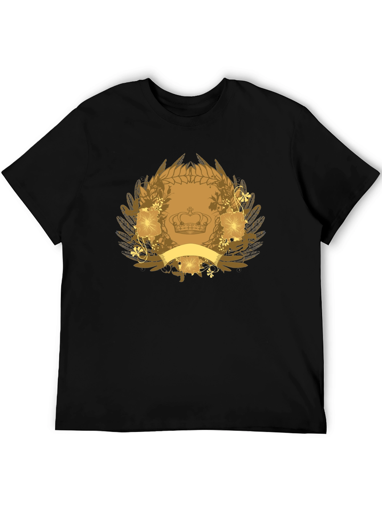 Black T-Shirt with Crown & Floral Emblem