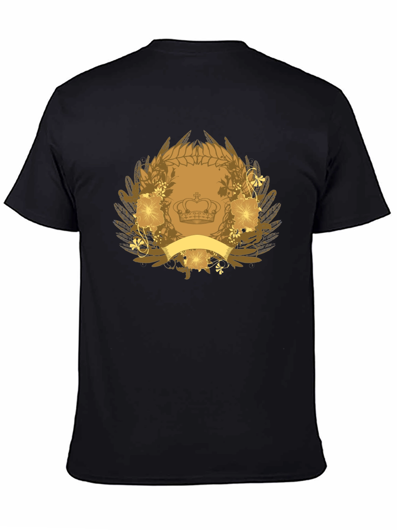 Black T-Shirt with Crown & Floral Emblem
