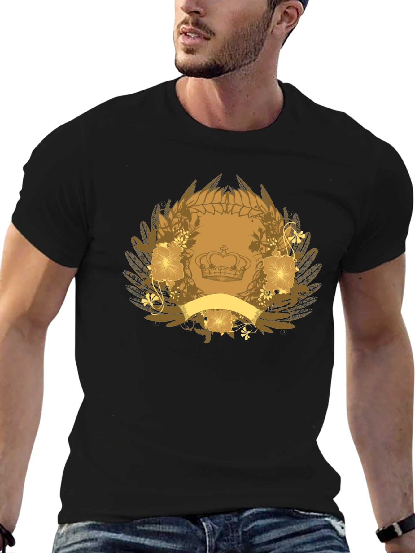 Black T-Shirt with Crown & Floral Emblem