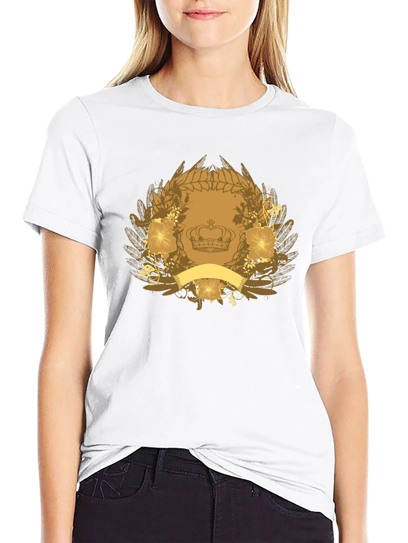 Black T-Shirt with Crown & Floral Emblem