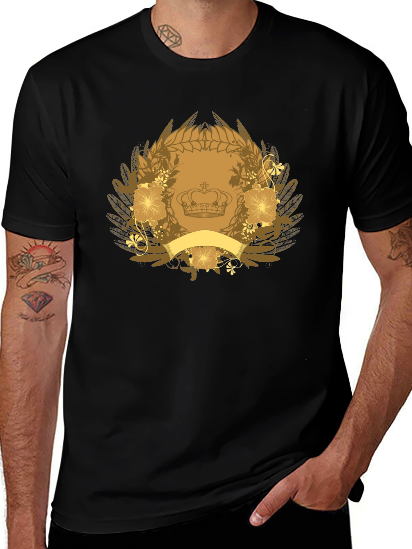 Black T-Shirt with Crown & Floral Emblem