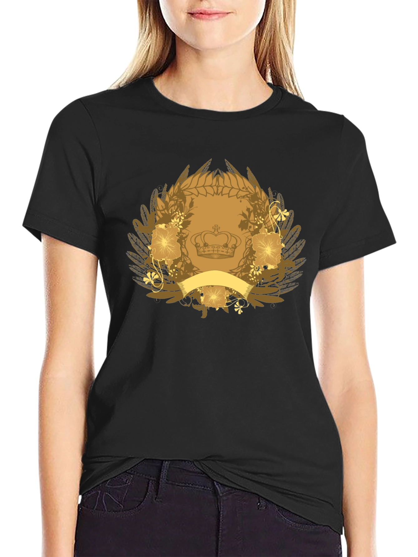 Black T-Shirt with Crown & Floral Emblem