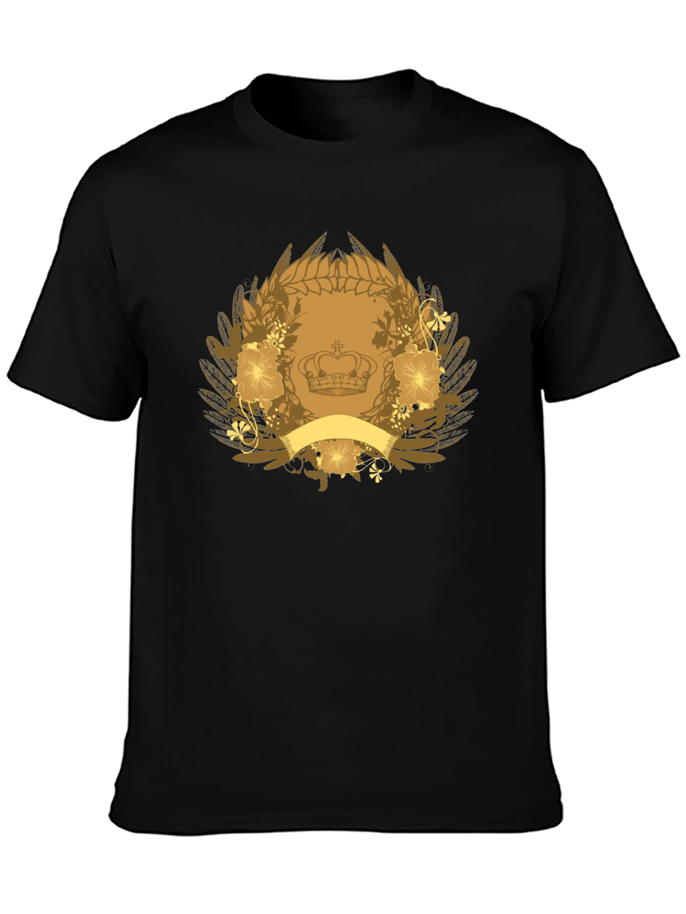 Black T-Shirt with Crown & Floral Emblem