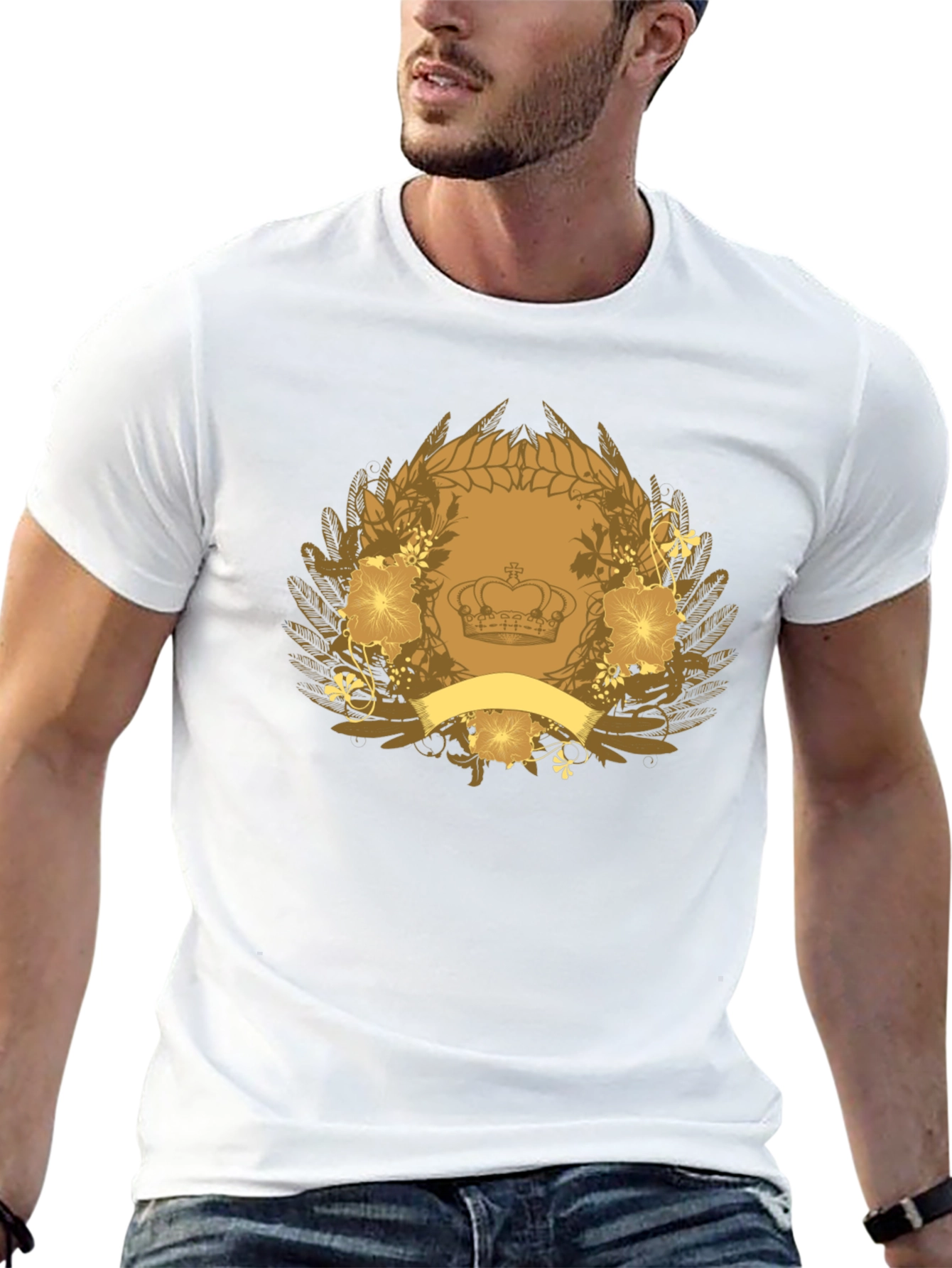Black T-Shirt with Crown & Floral Emblem