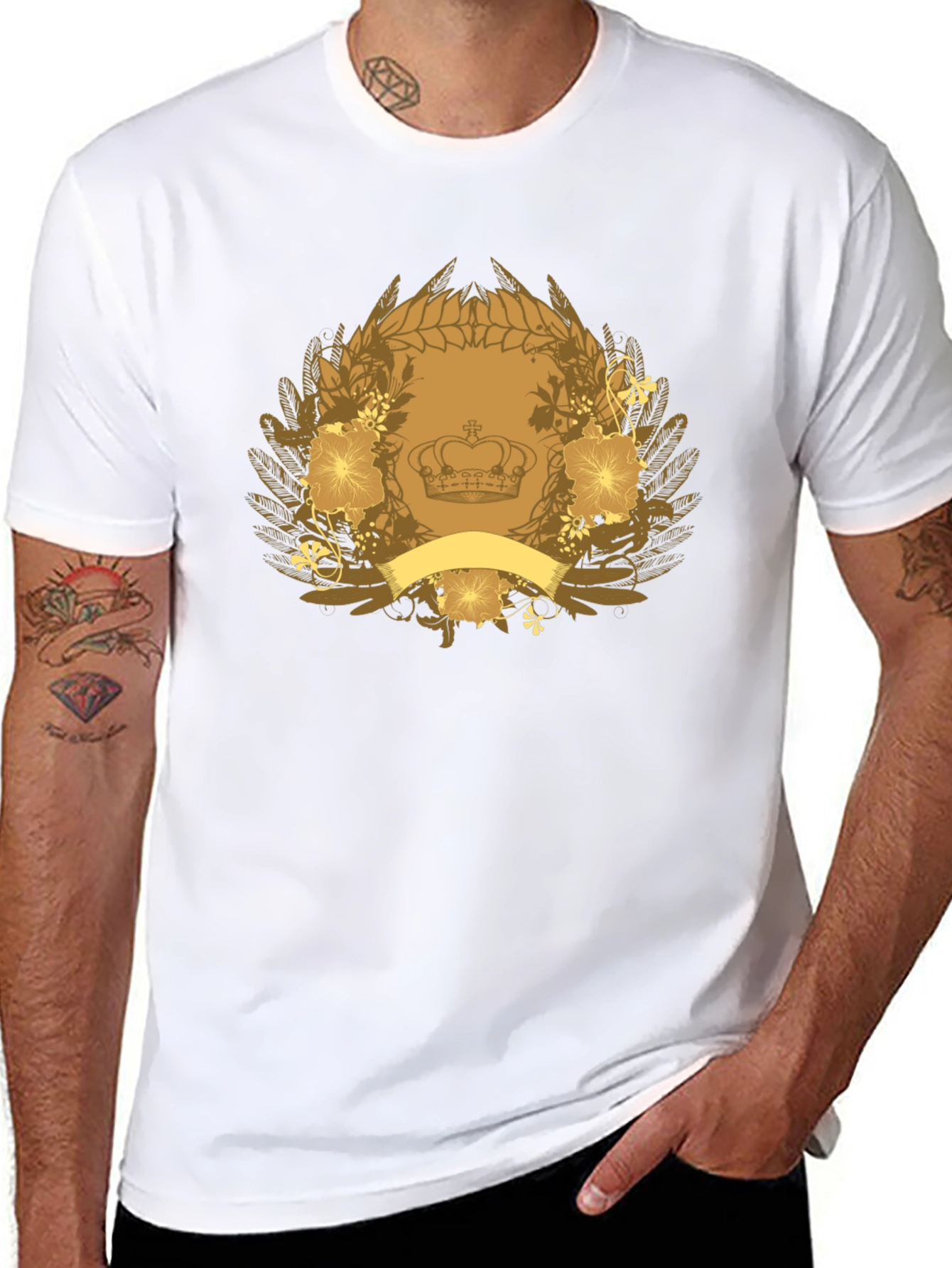 Black T-Shirt with Crown & Floral Emblem