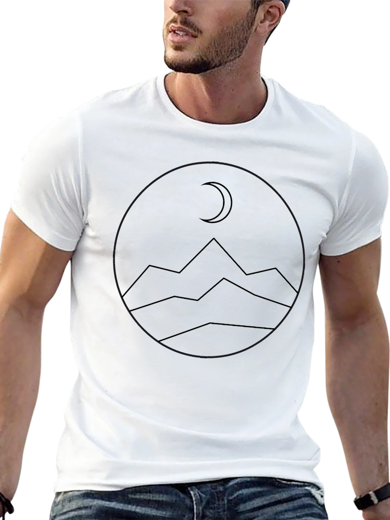 Minimalist Mountain & Moon Graphic Tee - Black