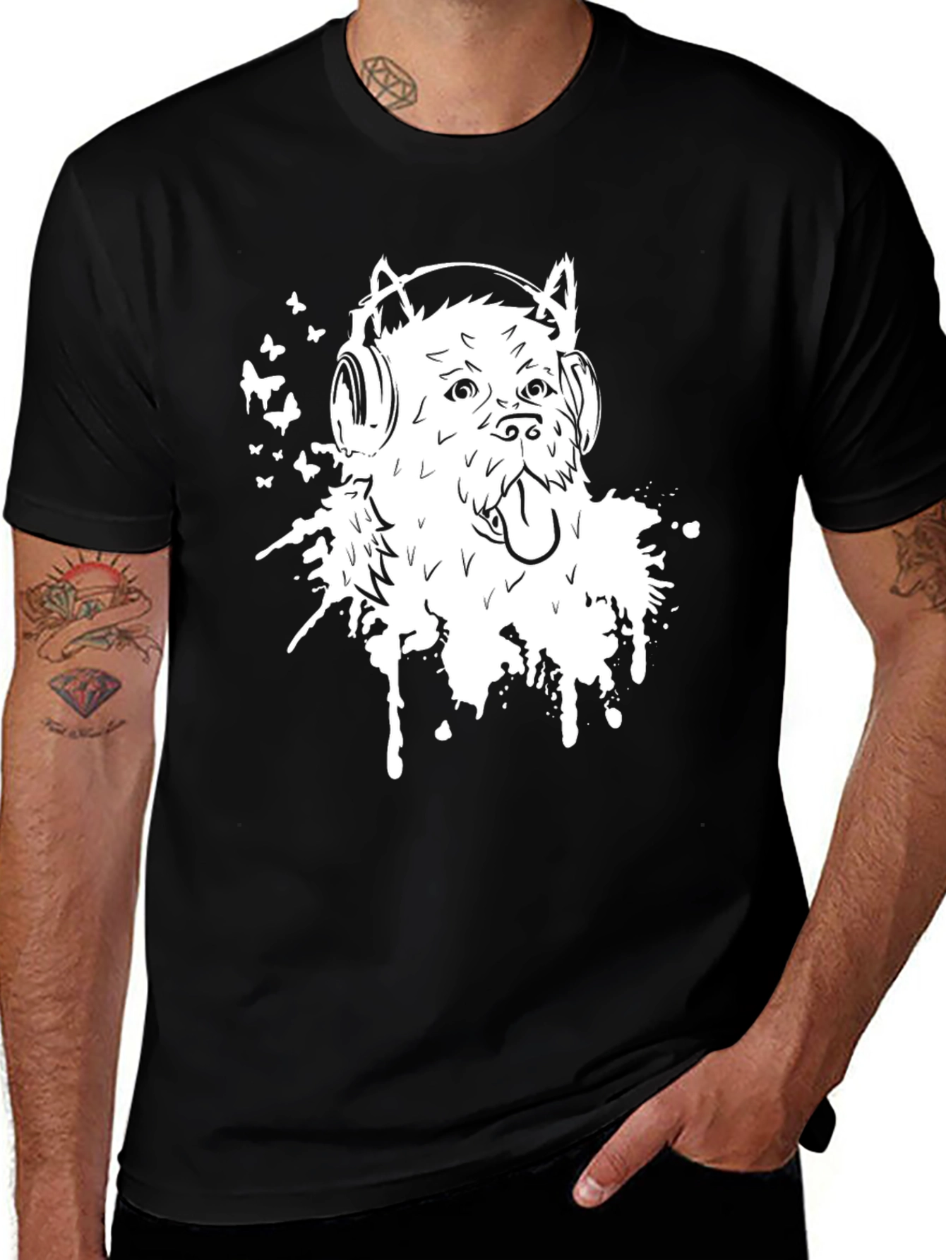 Dog with Headphones Graphic Tee - Black
