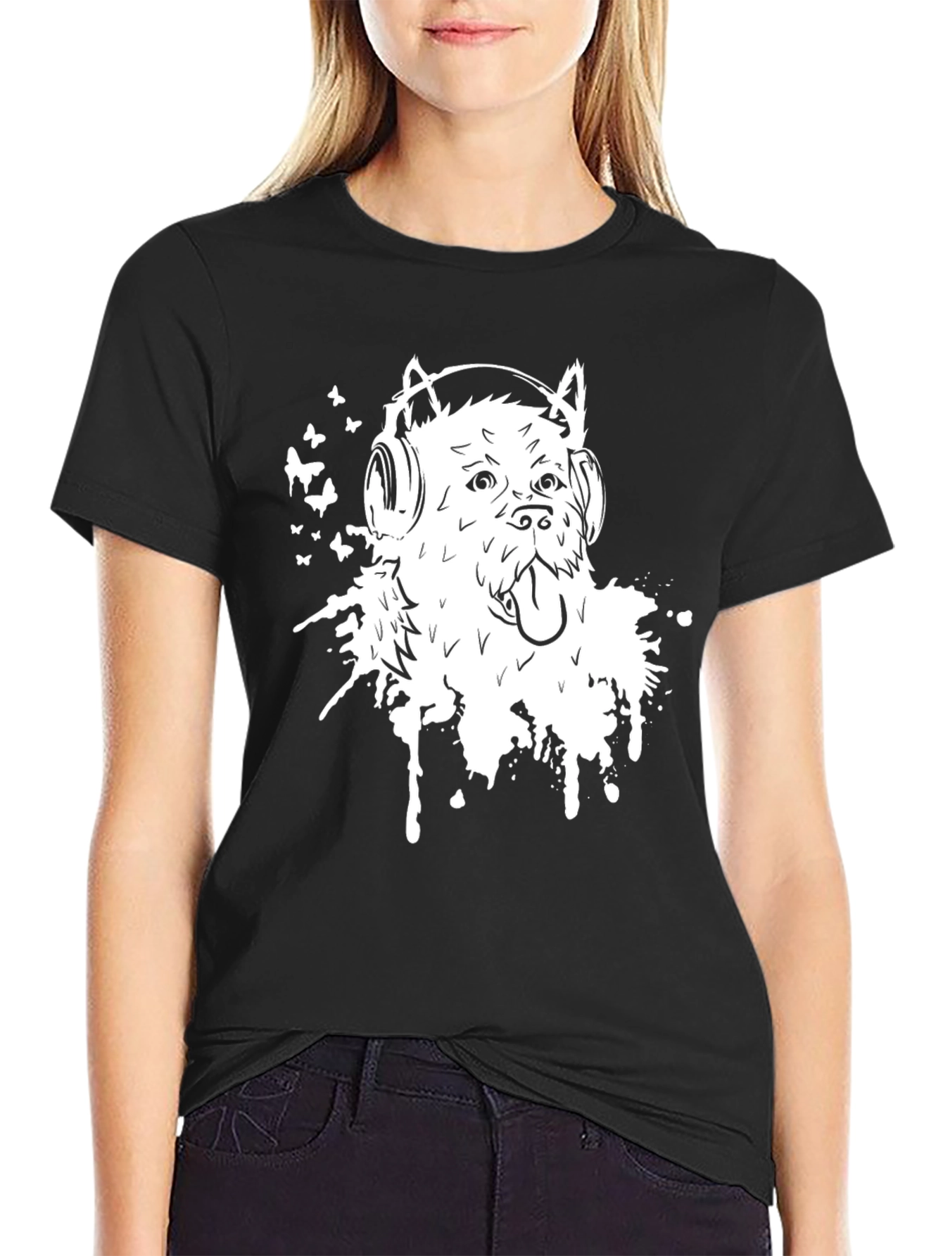 Dog with Headphones Graphic Tee - Black