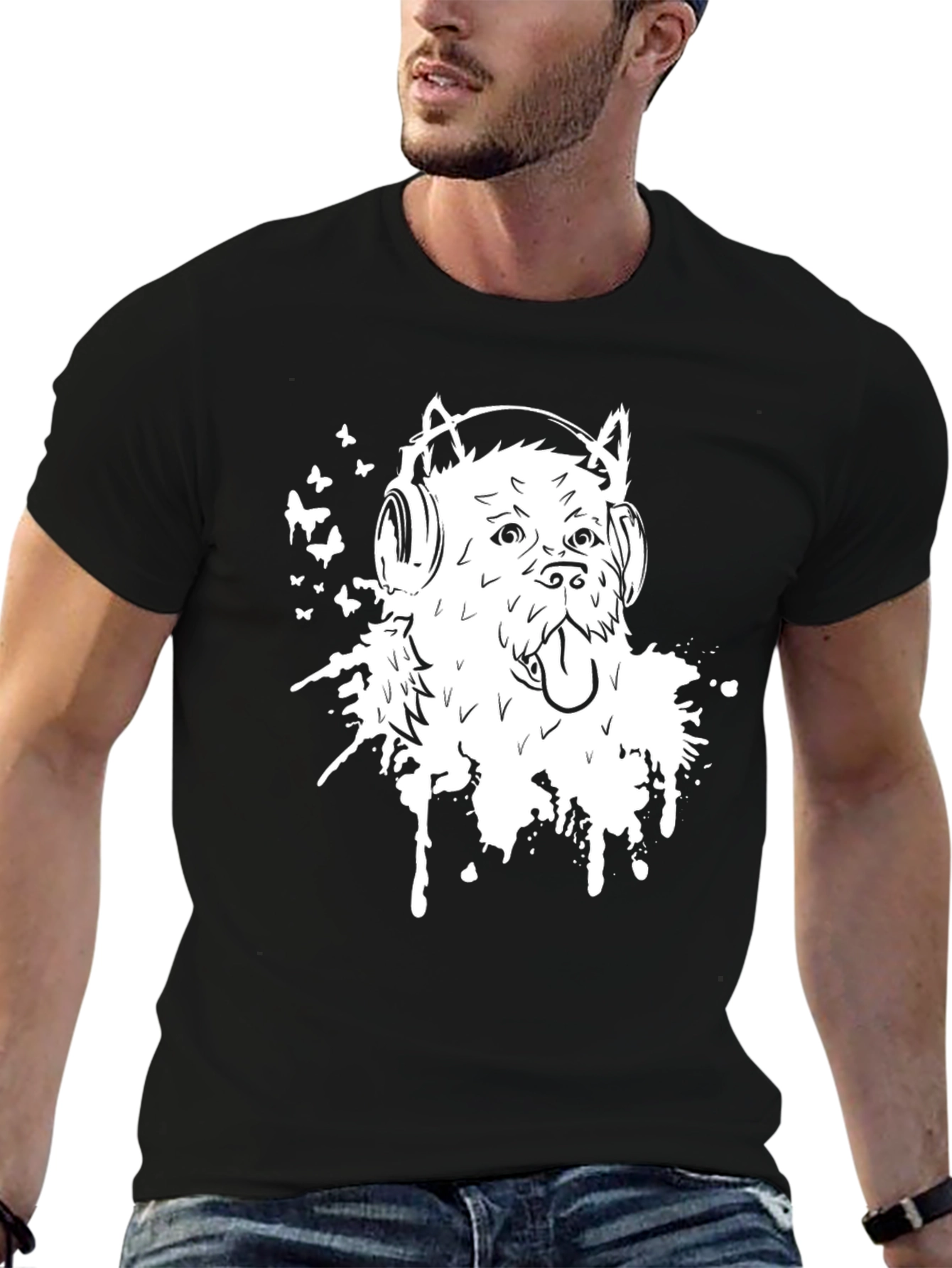 Dog with Headphones Graphic Tee - Black