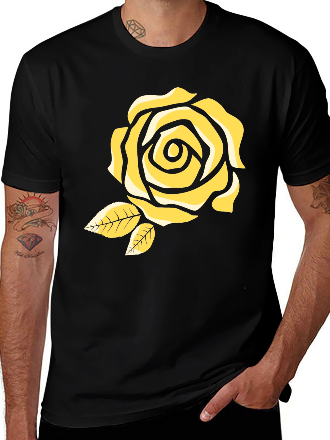 Black T-Shirt with Yellow Rose Design