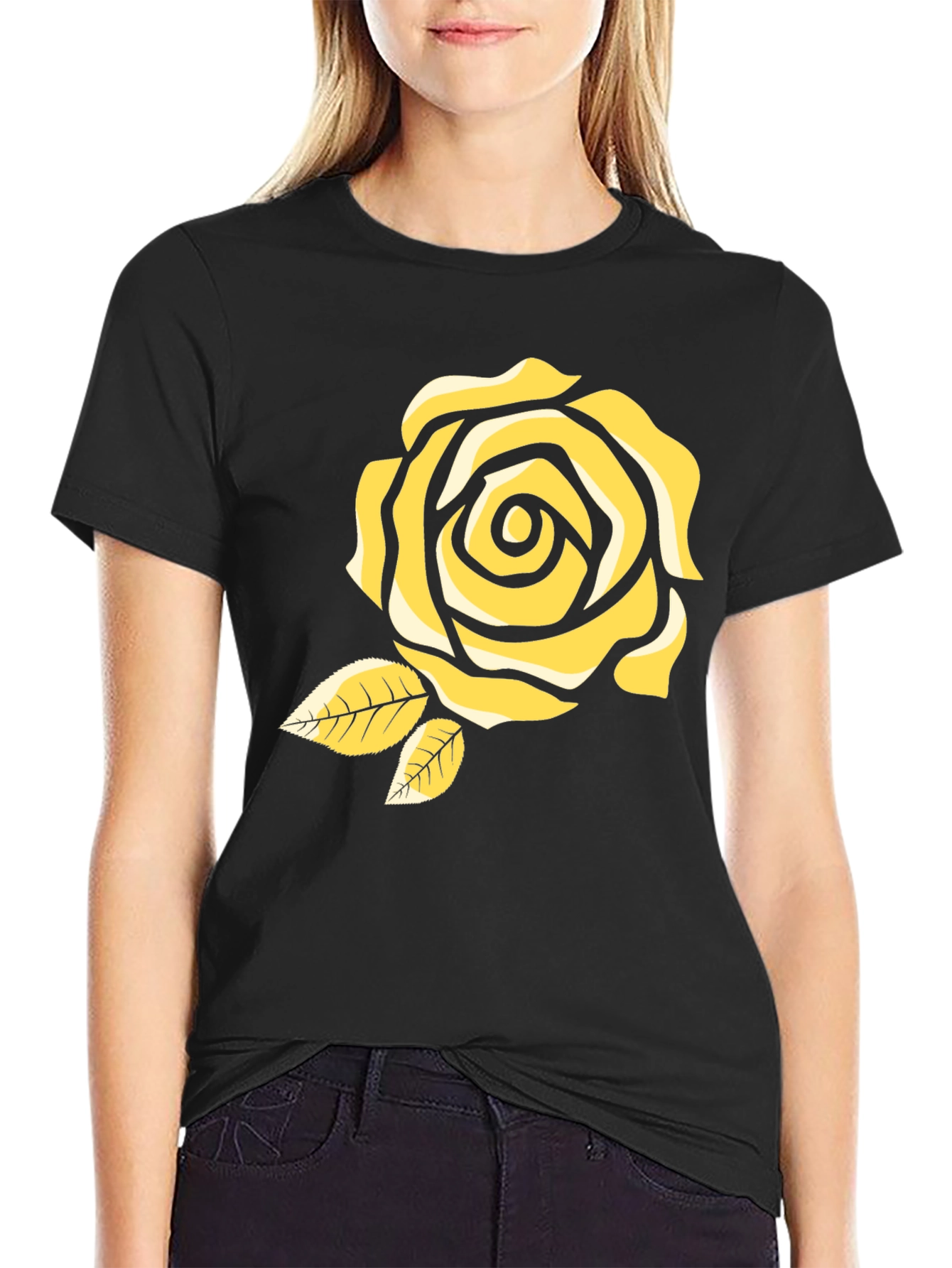 Black T-Shirt with Yellow Rose Design