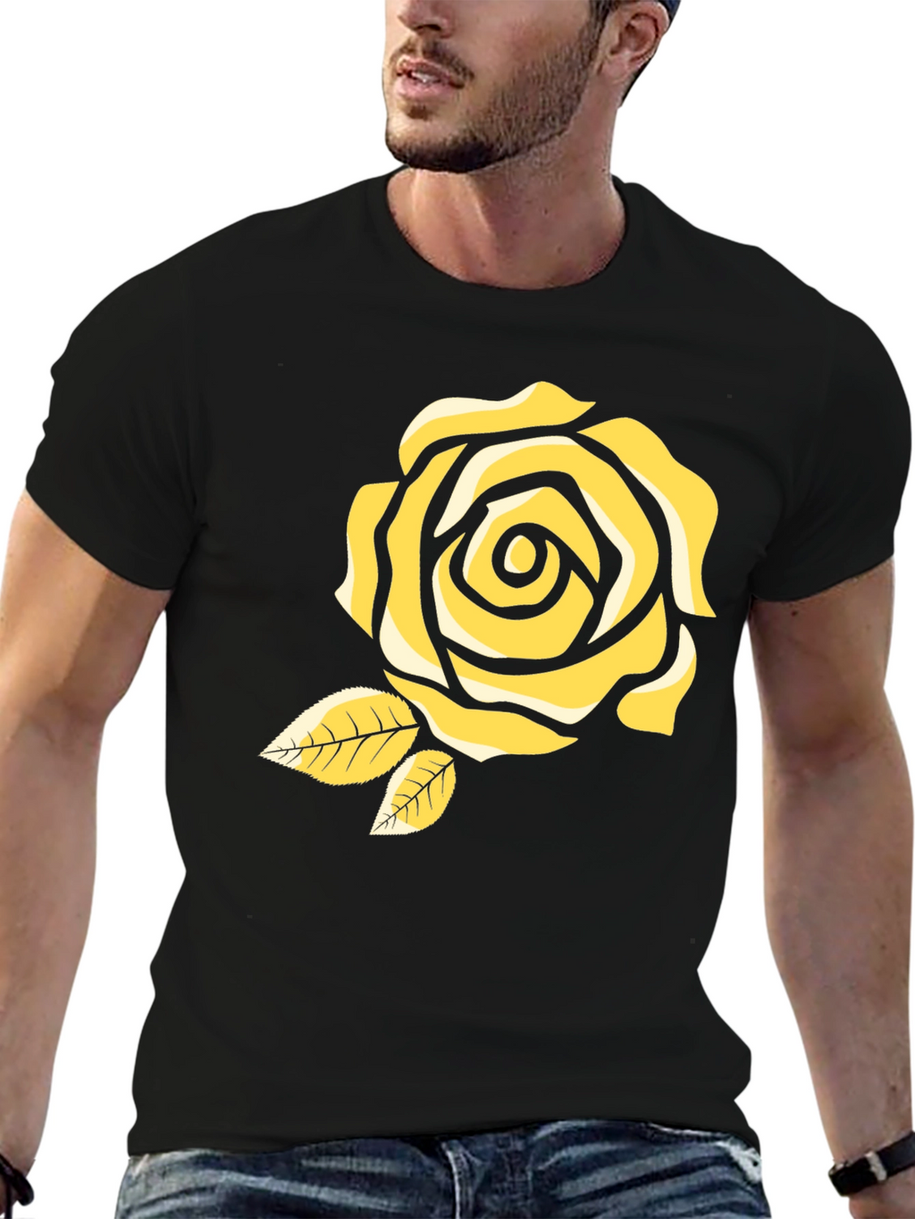 Black T-Shirt with Yellow Rose Design