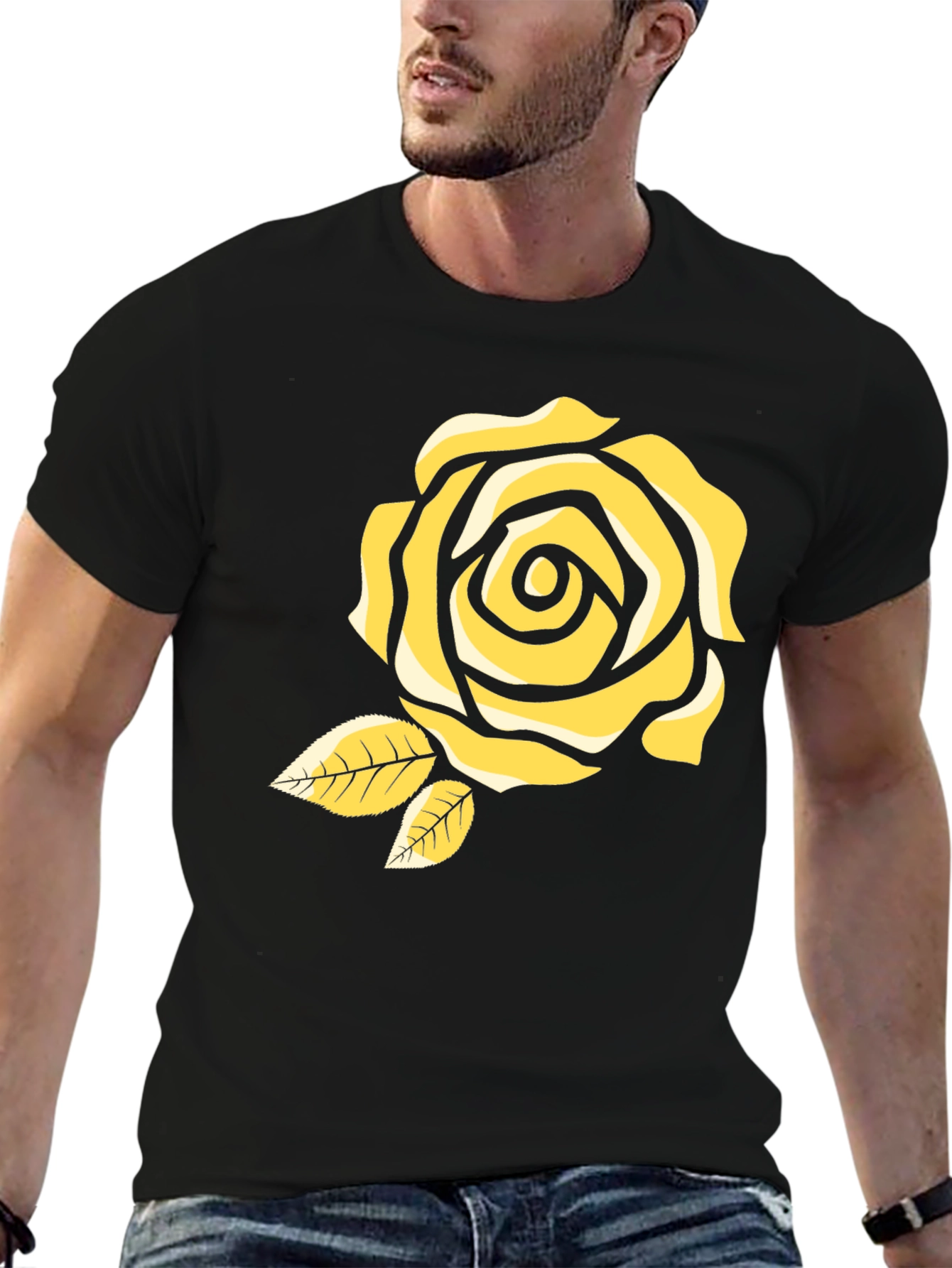 Black T-Shirt with Yellow Rose Design