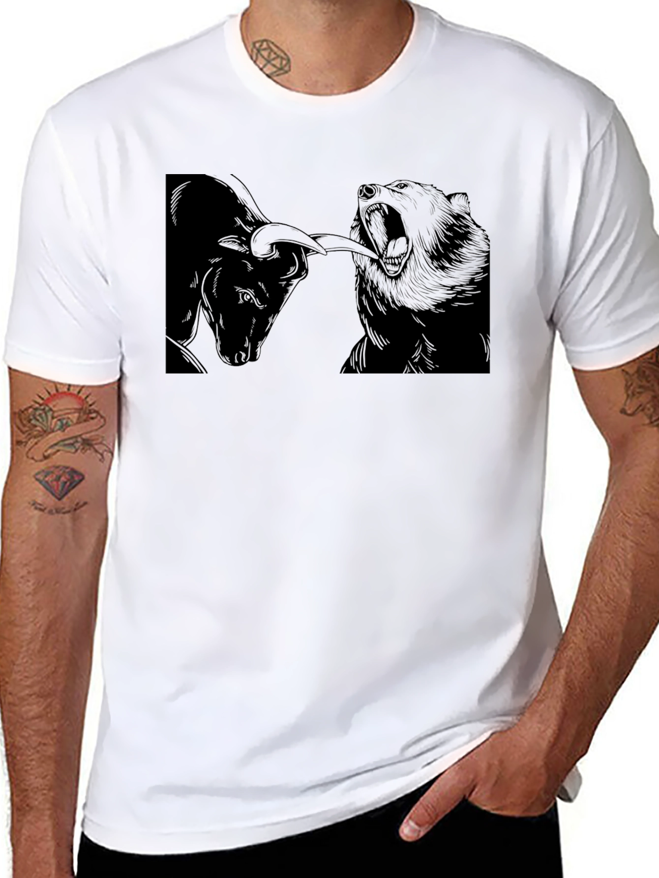 Bull vs Bear Black Graphic Tee - Stock Market Design