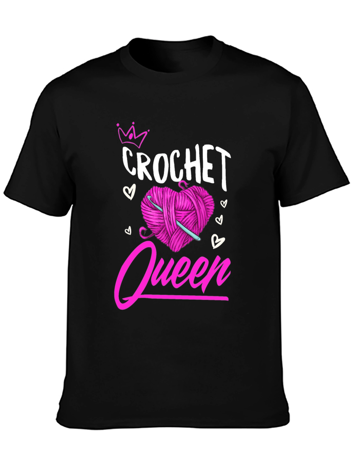 Crochet Queen T-Shirt: Pink Heart Yarn & Hook Design