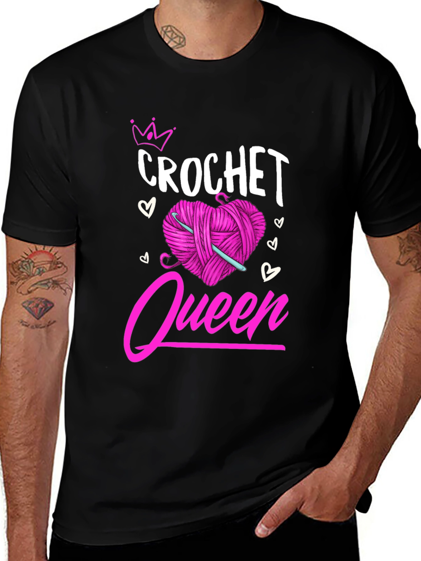 Crochet Queen T-Shirt: Pink Heart Yarn & Hook Design