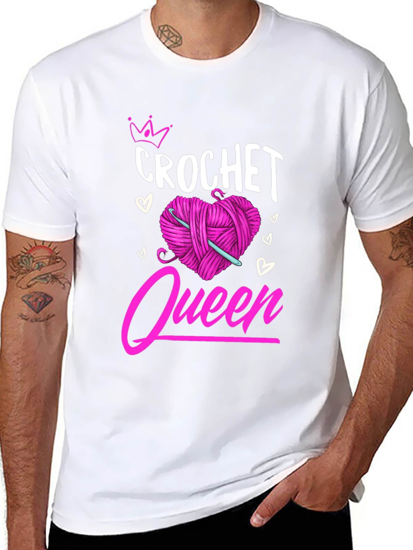 Crochet Queen T-Shirt: Pink Heart Yarn & Hook Design