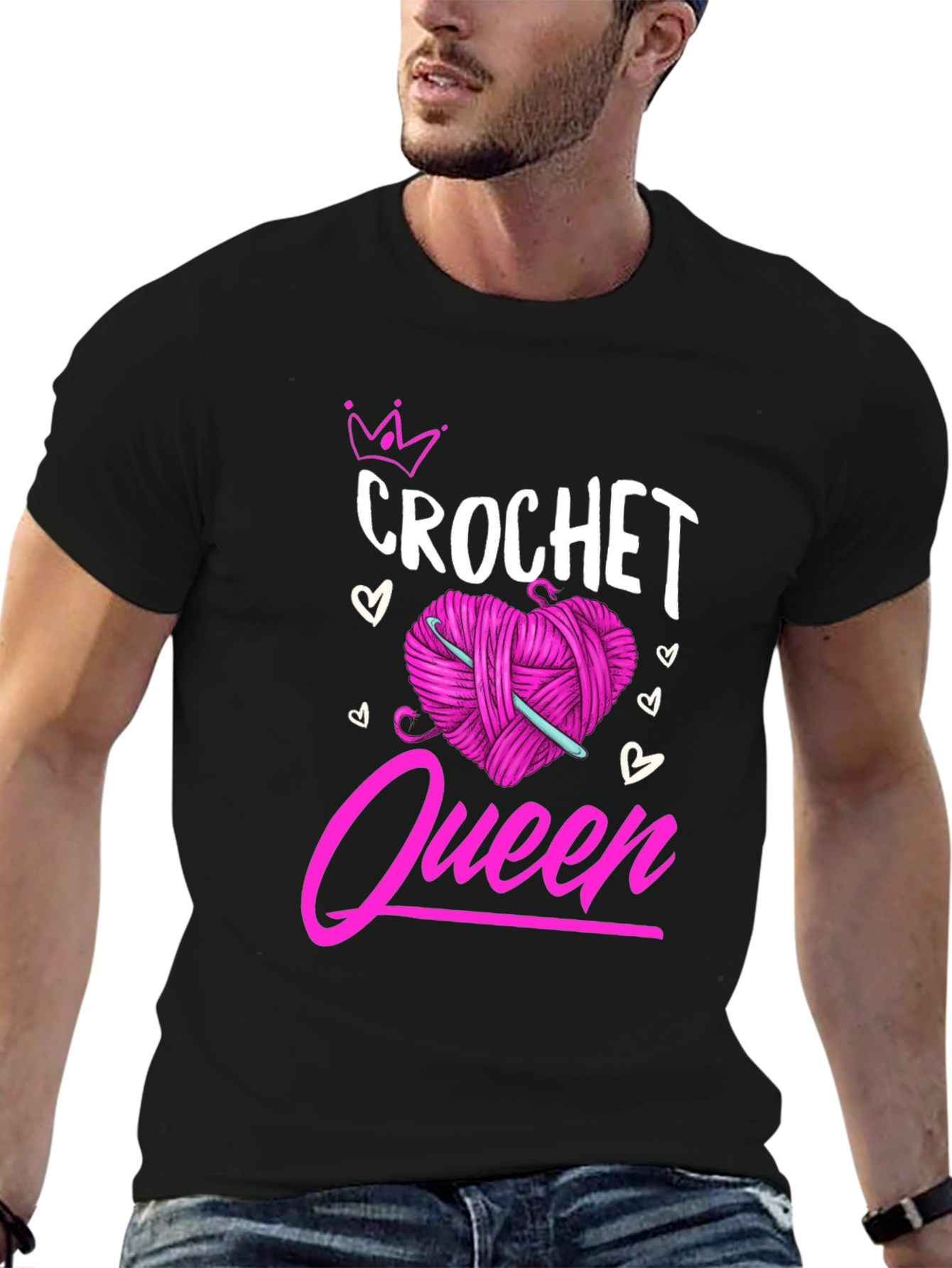 Crochet Queen T-Shirt: Pink Heart Yarn & Hook Design