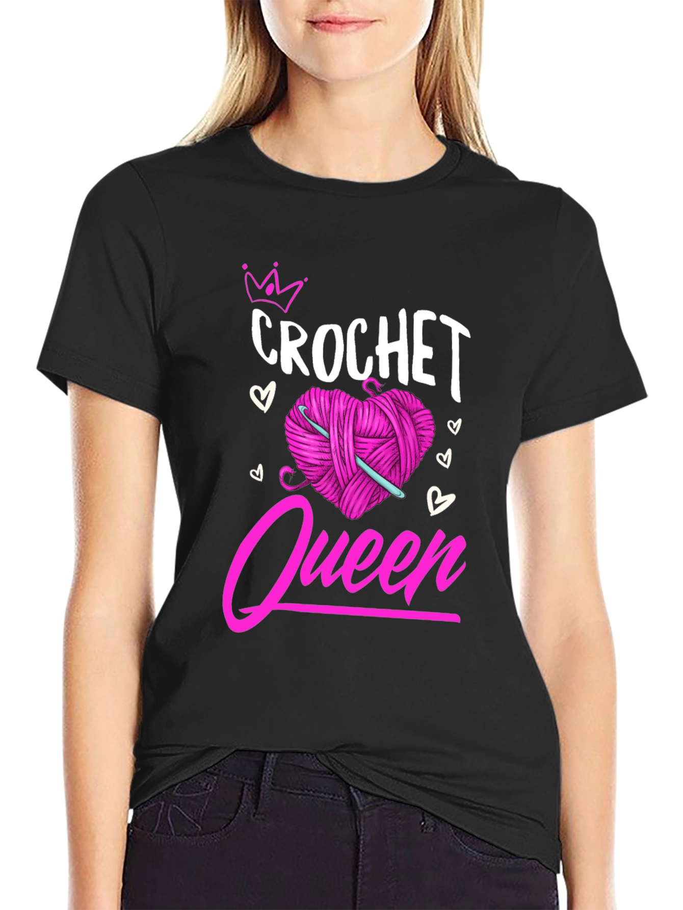 Crochet Queen T-Shirt: Pink Heart Yarn & Hook Design