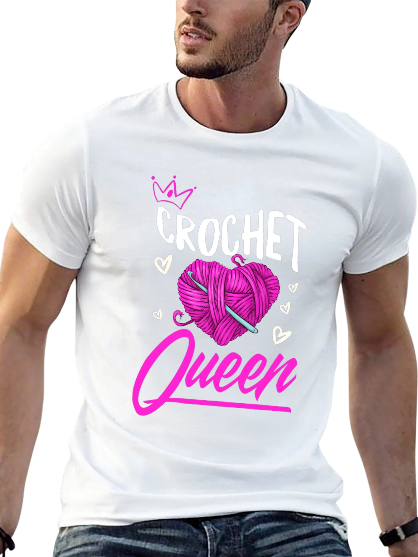 Crochet Queen T-Shirt: Pink Heart Yarn & Hook Design