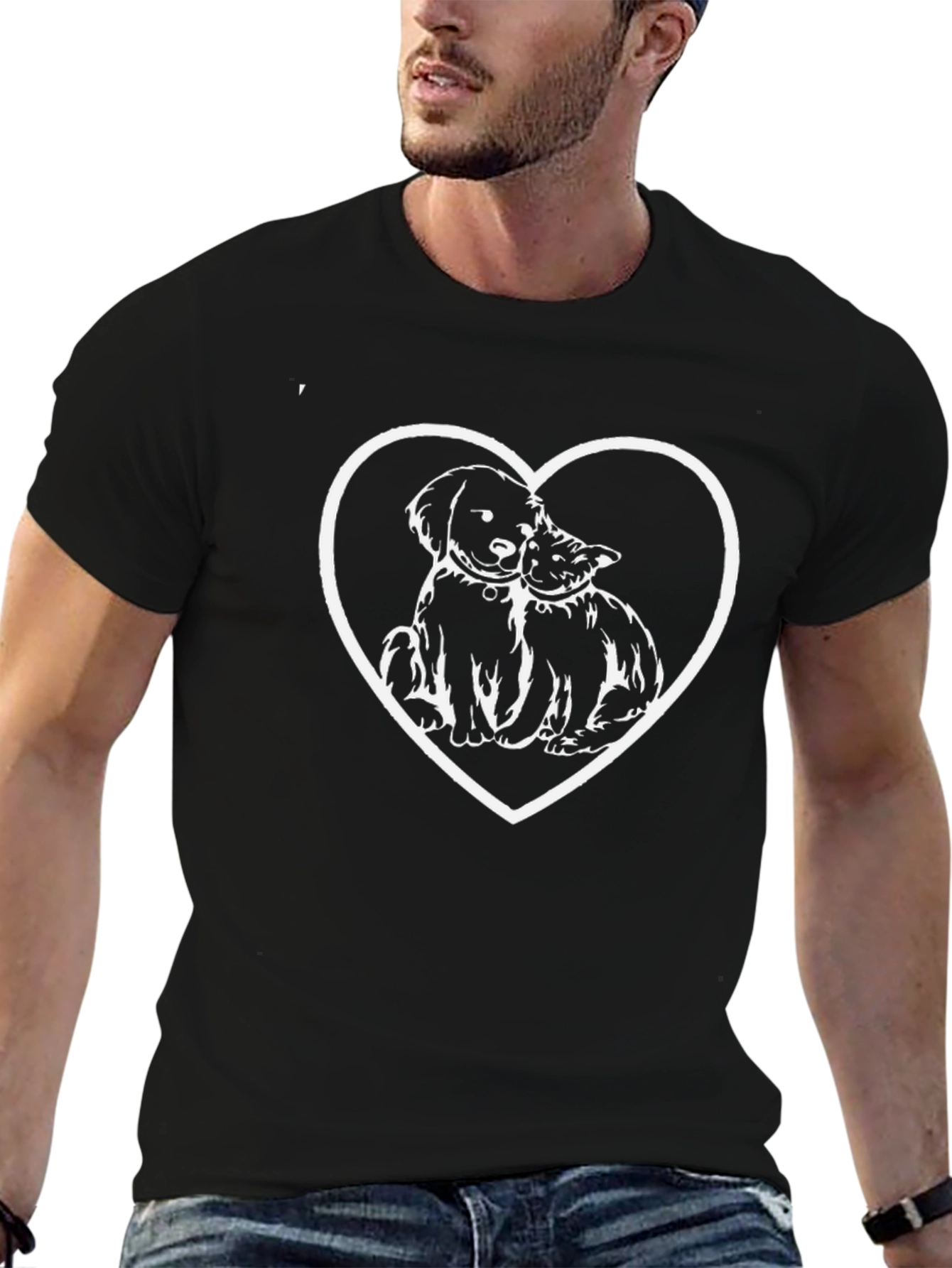 Dog & Cat Heart Graphic T-Shirt - Black