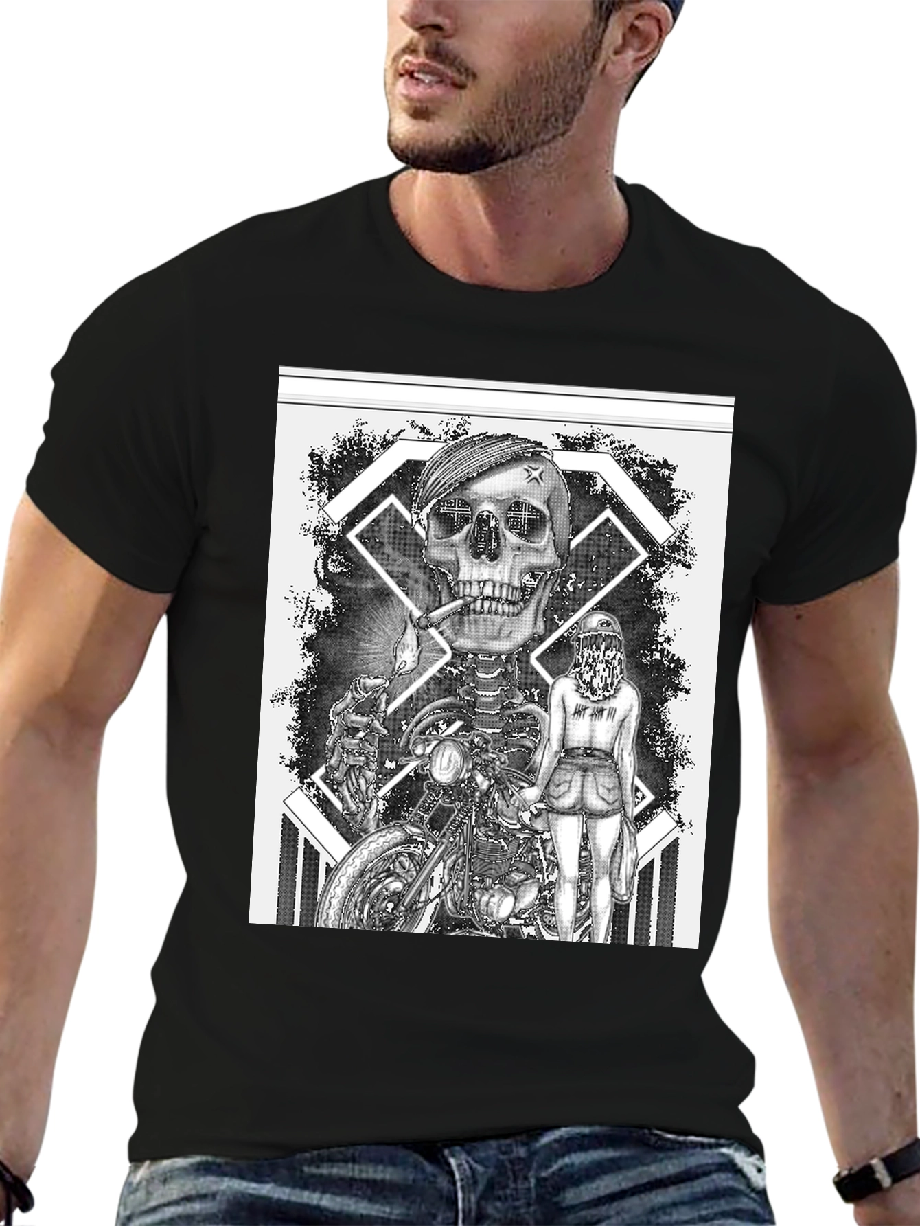 Skull Motorcycle Rider Graphic Tee - Black