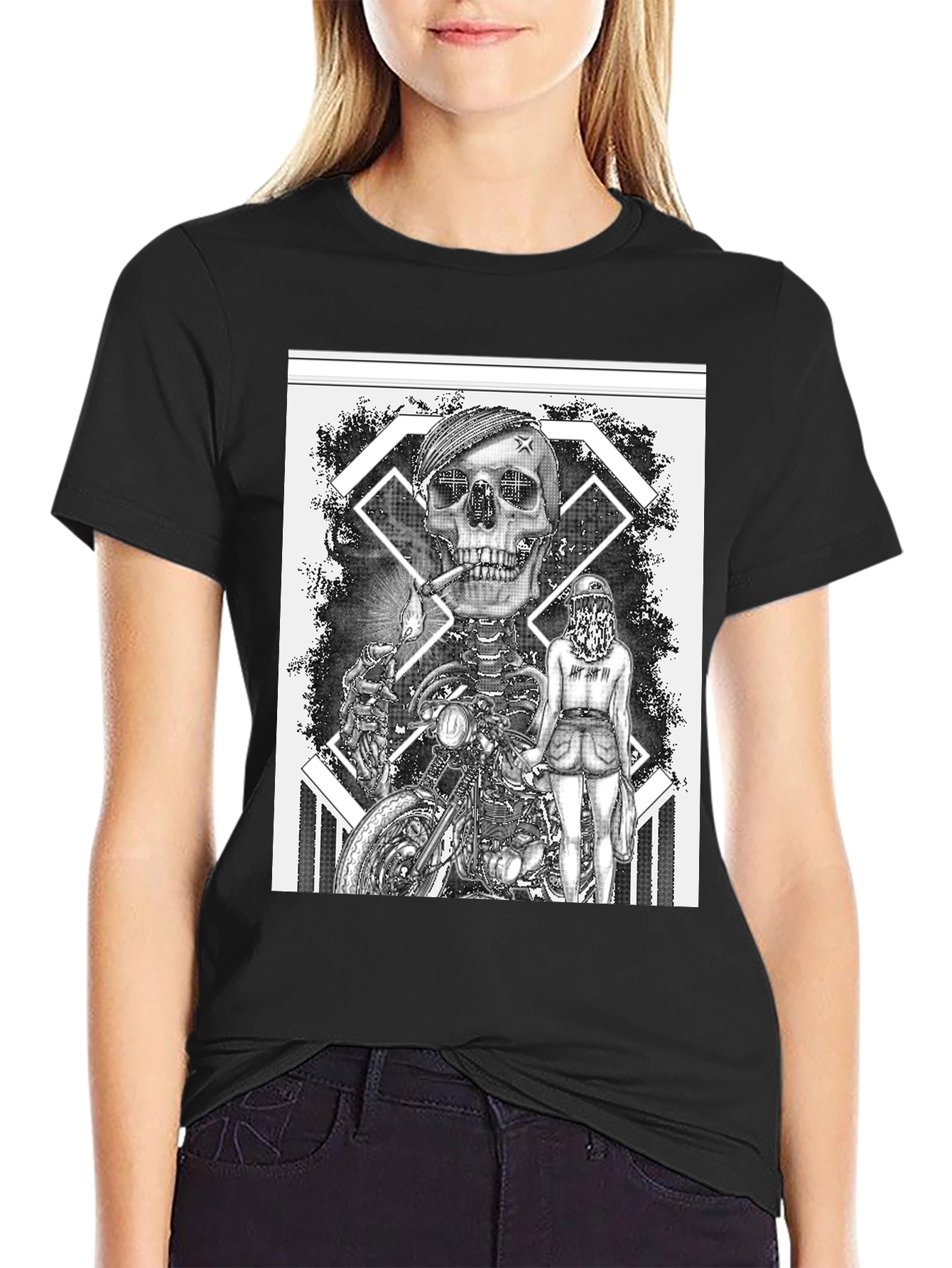 Skull Motorcycle Rider Graphic Tee - Black