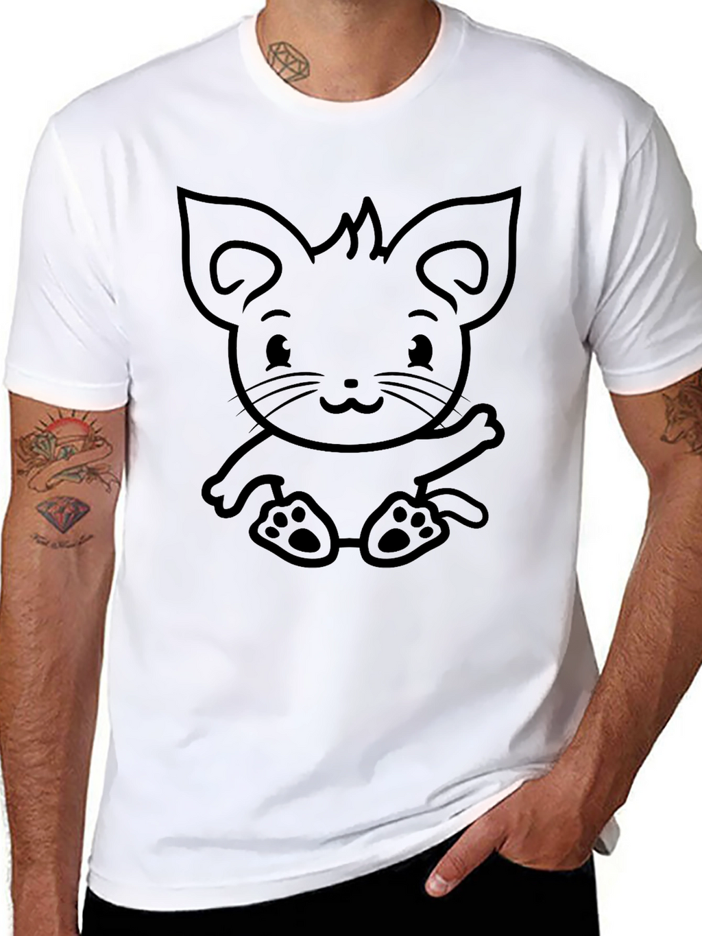Cute Cartoon Kitten Graphic Tee - Black