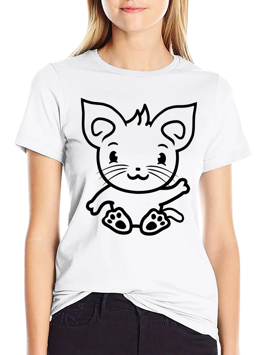 Cute Cartoon Kitten Graphic Tee - Black