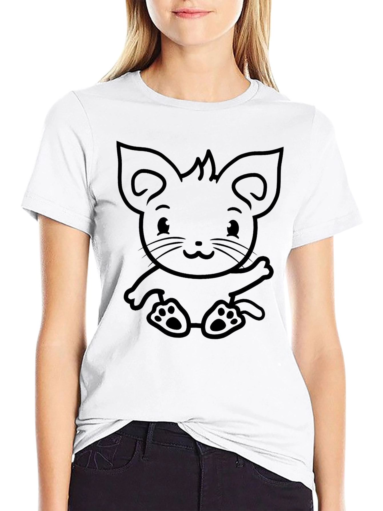 Cute Cartoon Kitten Graphic Tee - Black
