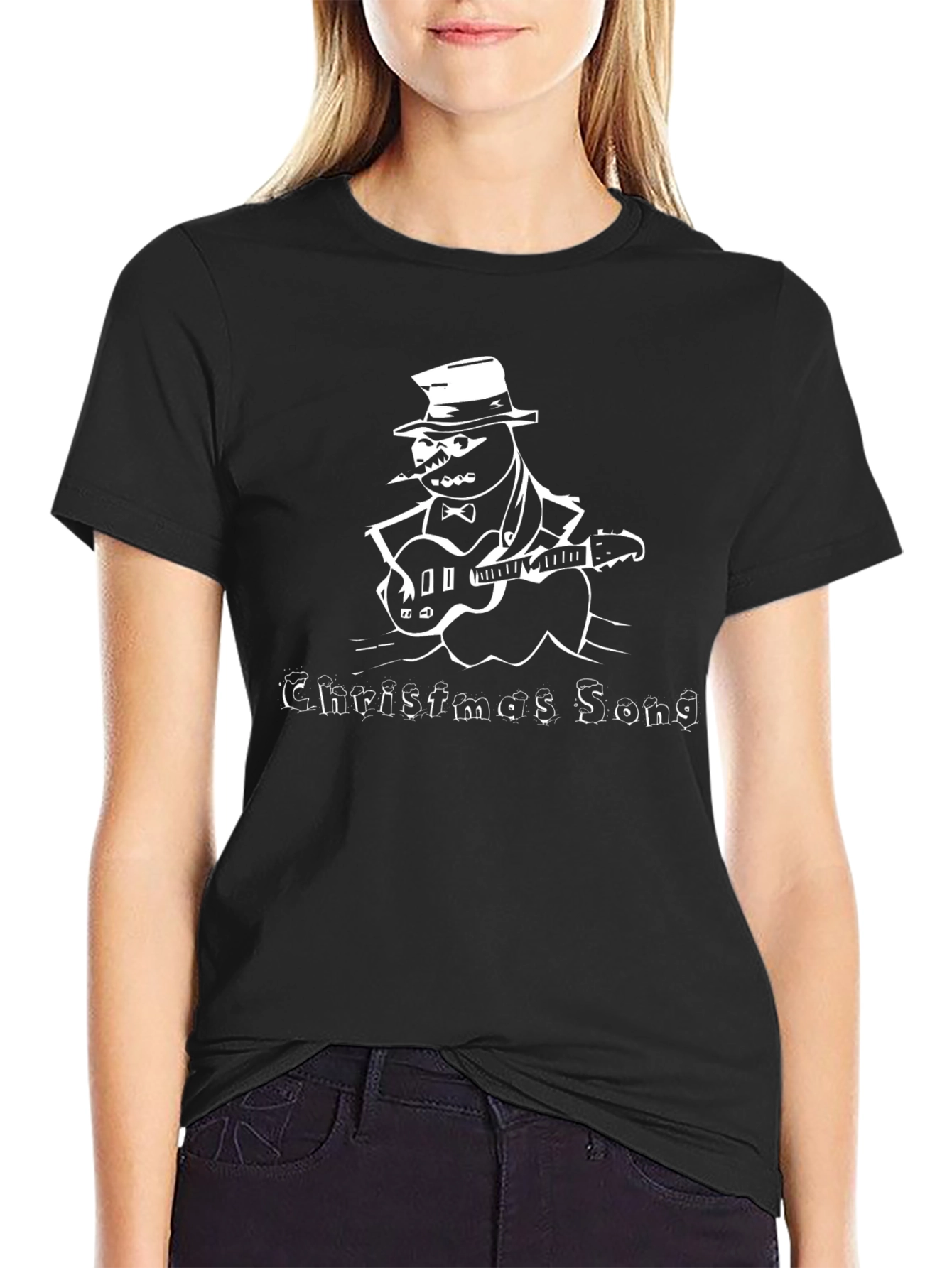 Christmas Song Guitar Snowman Black T-Shirt