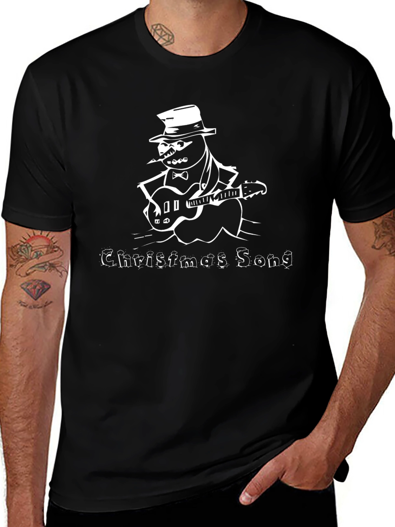 Christmas Song Guitar Snowman Black T-Shirt