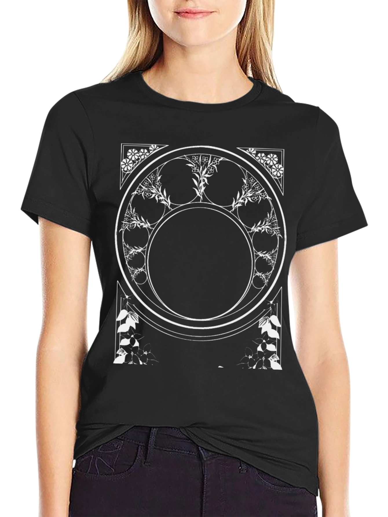 Geometric Floral Graphic Tee - Black