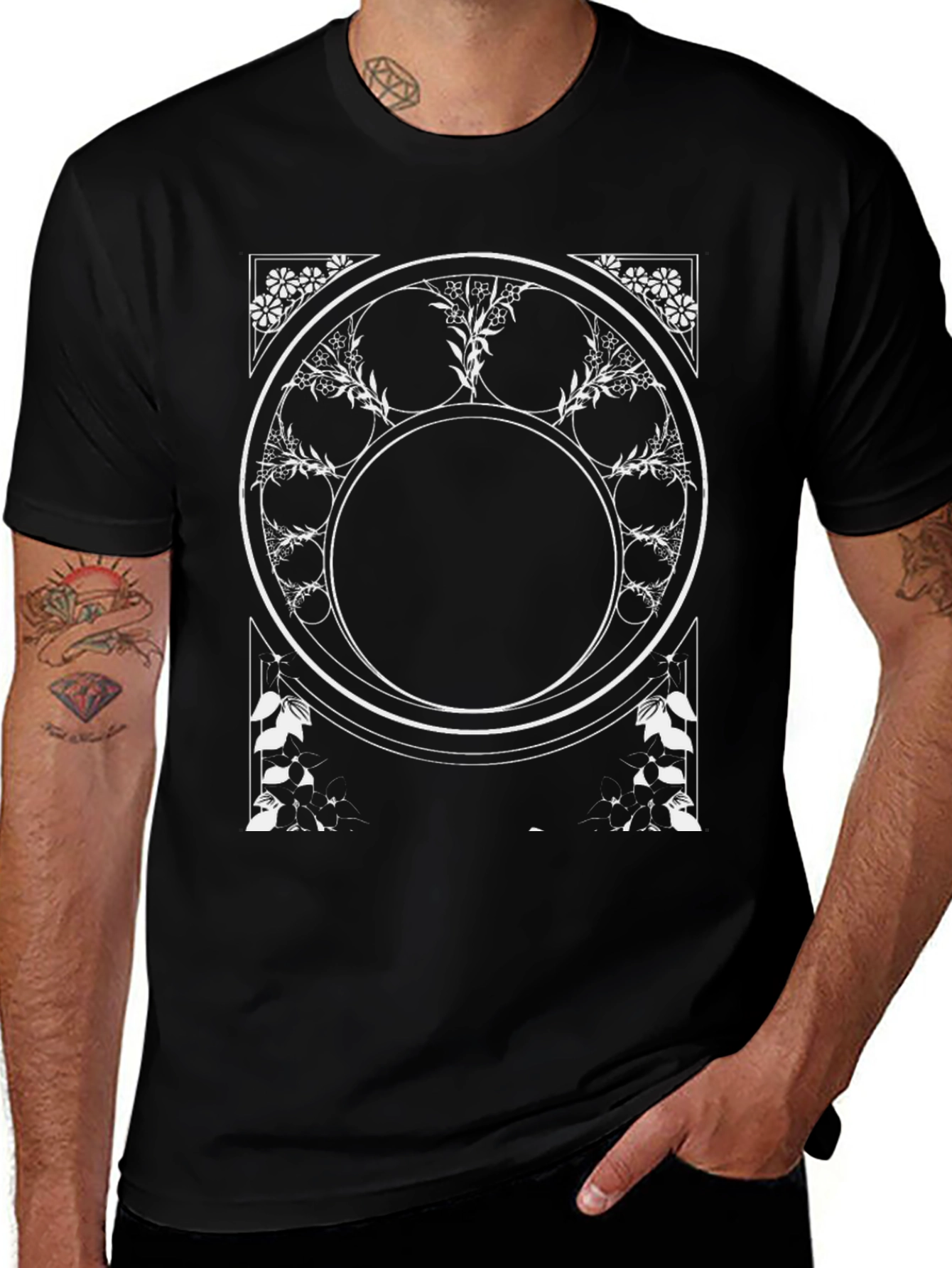 Geometric Floral Graphic Tee - Black
