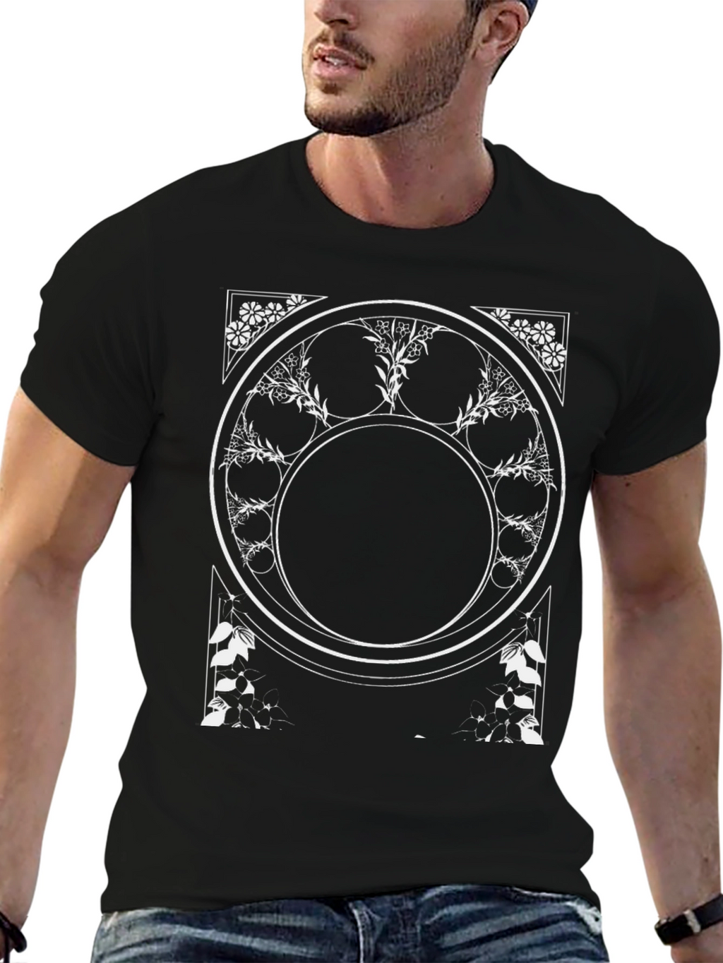Geometric Floral Graphic Tee - Black